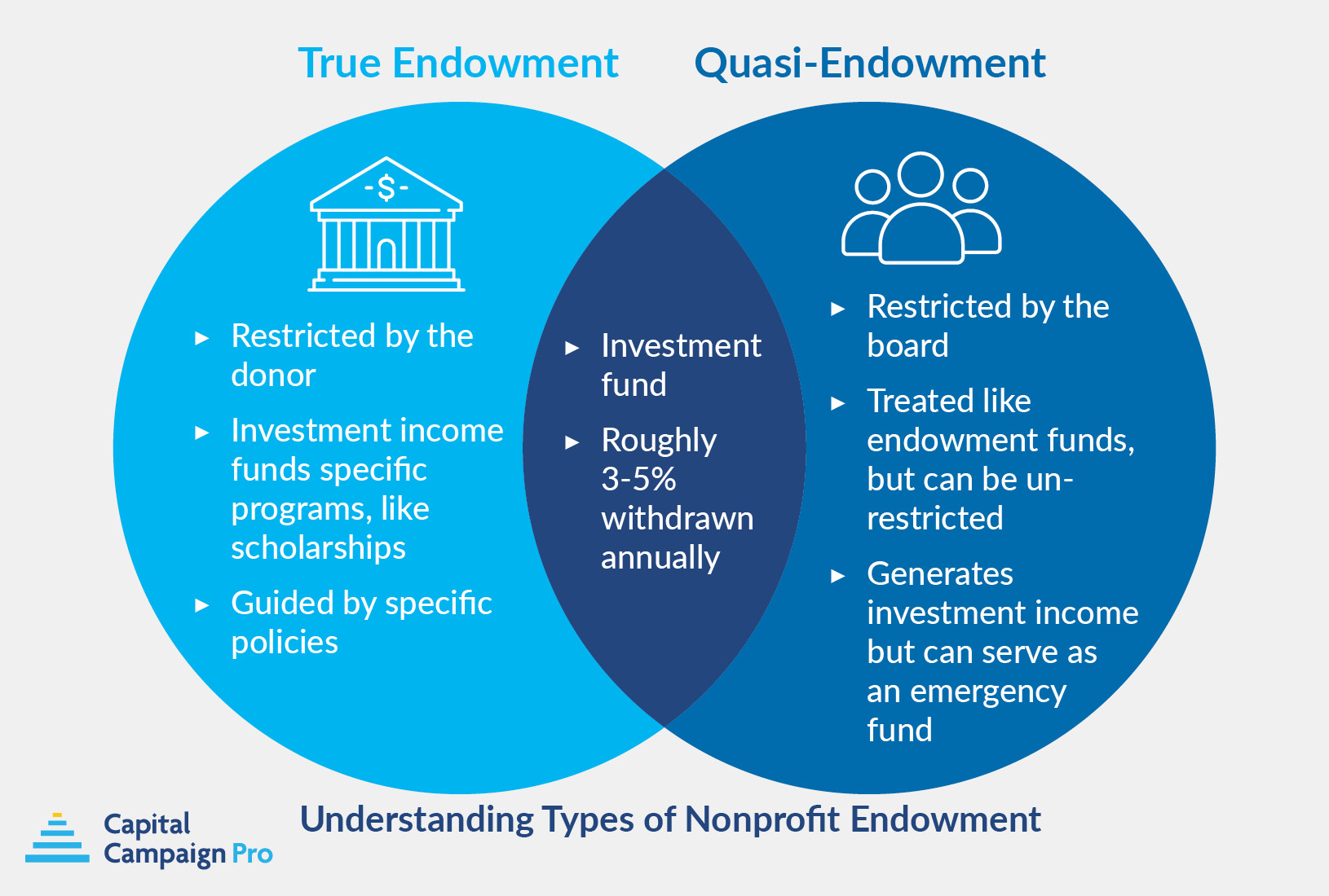 This graphic explains the differences between types of endowment funds, detailed in the text below.