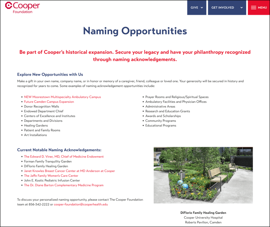 Screenshot of the Cooper Foundation’s Naming Opportunities page